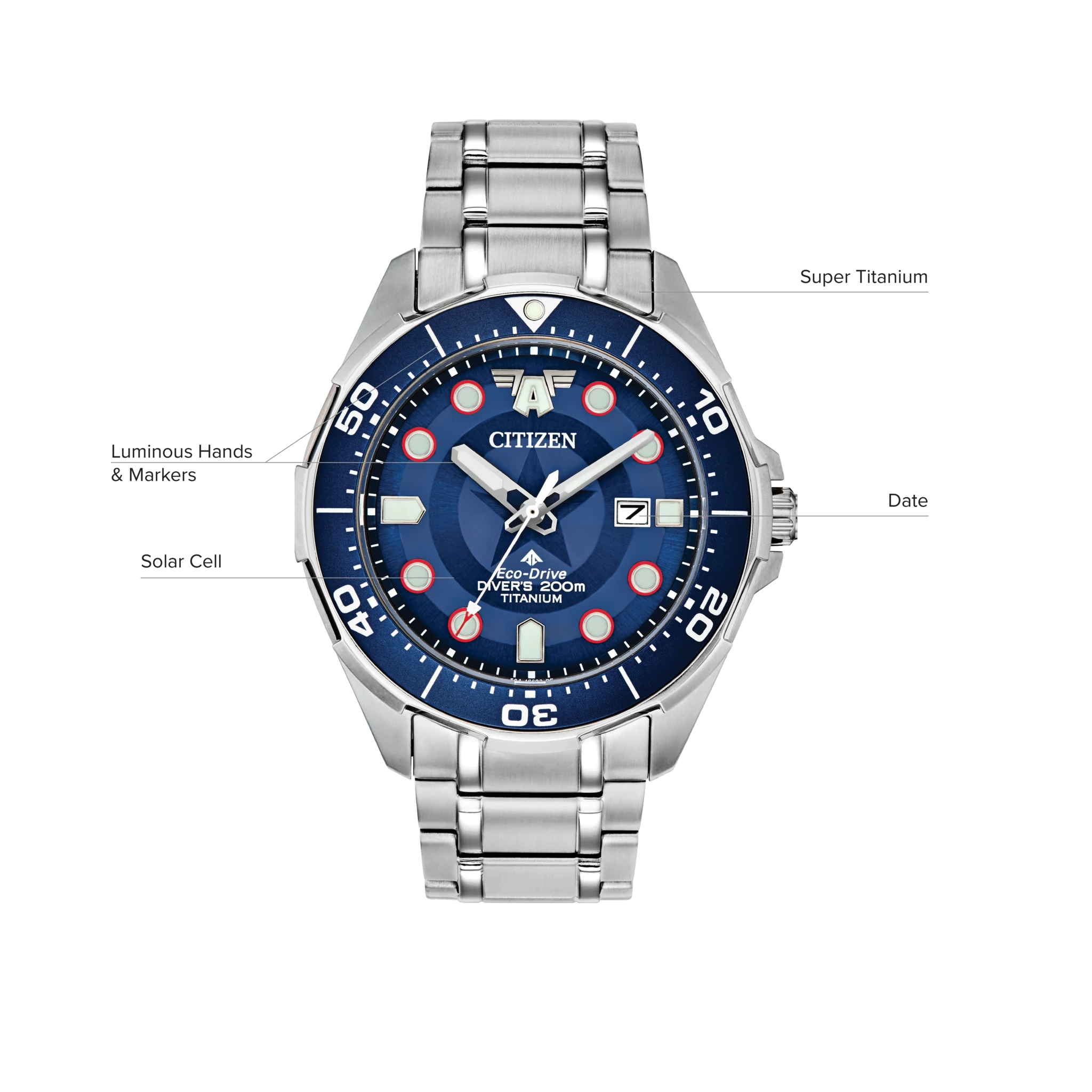 美品 シチズン キャプテン・アメリカ エコ・ドライブ BN0208-54Wチタン Captain America Blue Dial Super Titanium Bracelet BN0208-54W